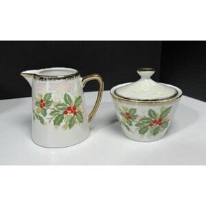 VTG Sterling China Lusterware Holly Brushed Gold Trim Creamer & Sugar Bowl SER6